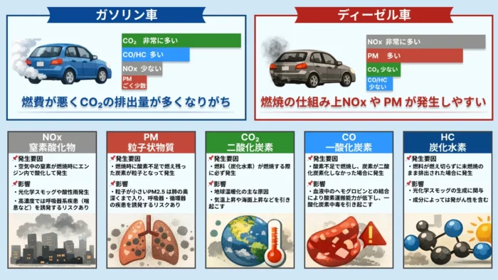 ディーゼル車はガソリン車に比べて大気汚染や健康被害に直結するNOxやPMの排出量が多い。