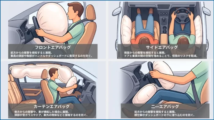 車のエアバッグは前方からの衝撃を吸収するフロントエアバッグ・横からの衝撃を吸収するサイドエアバッグとカーテンエアバッグ・足元の衝撃を吸収するニーエアバッグの4つがあります。