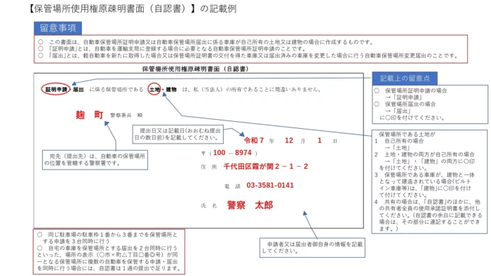 保管場所使用権原疎明書面（自認書）