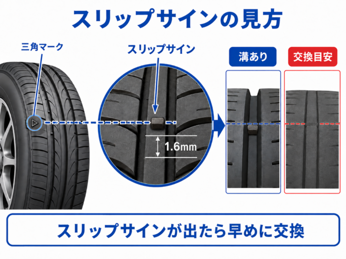 タイヤのスリップサインの見分け方